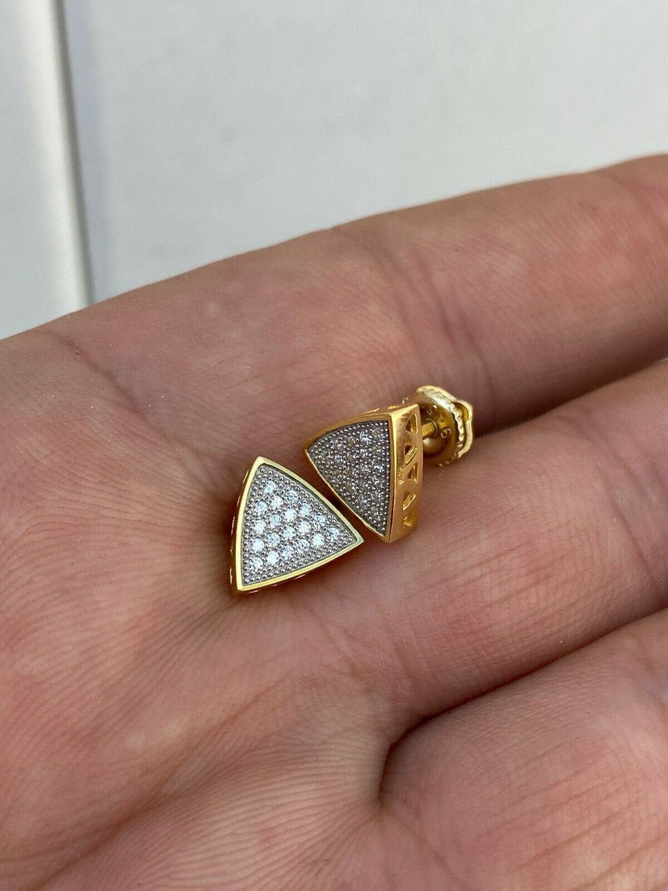 HarlemBling Real 925 Silver 14k Gold Fill Iced Triangle Diamond Hip Hop Earrings Studs 10mm