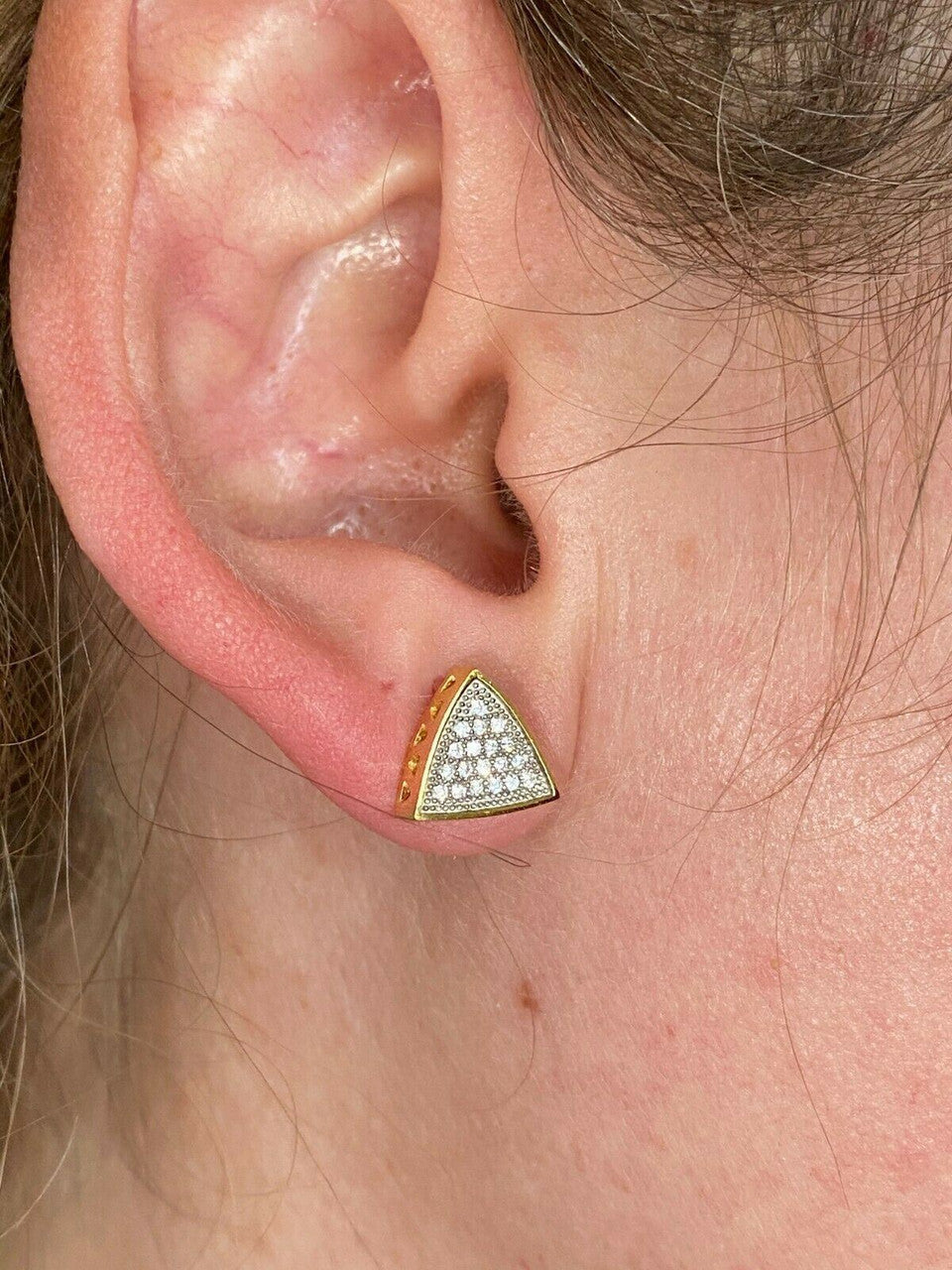 HarlemBling Real 925 Silver 14k Gold Fill Iced Triangle Diamond Hip Hop Earrings Studs 10mm
