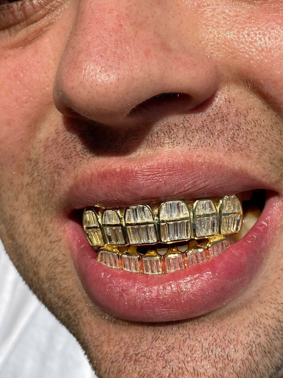 HarlemBling Real 925 Silver 14k Gold Finish ICED Baguette Diamond GRILLZ Teeth Fronts Grills