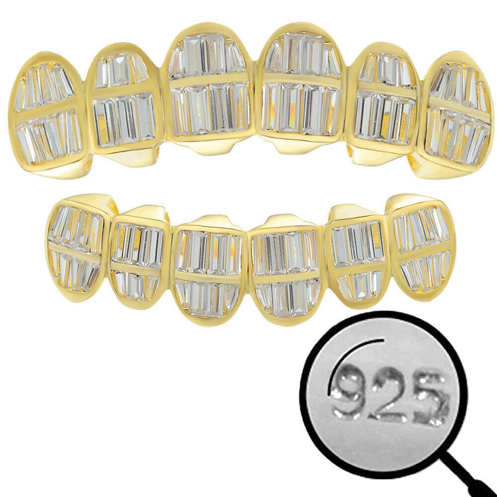 HarlemBling Real 925 Silver 14k Gold Finish ICED Baguette Diamond GRILLZ Teeth Fronts Grills