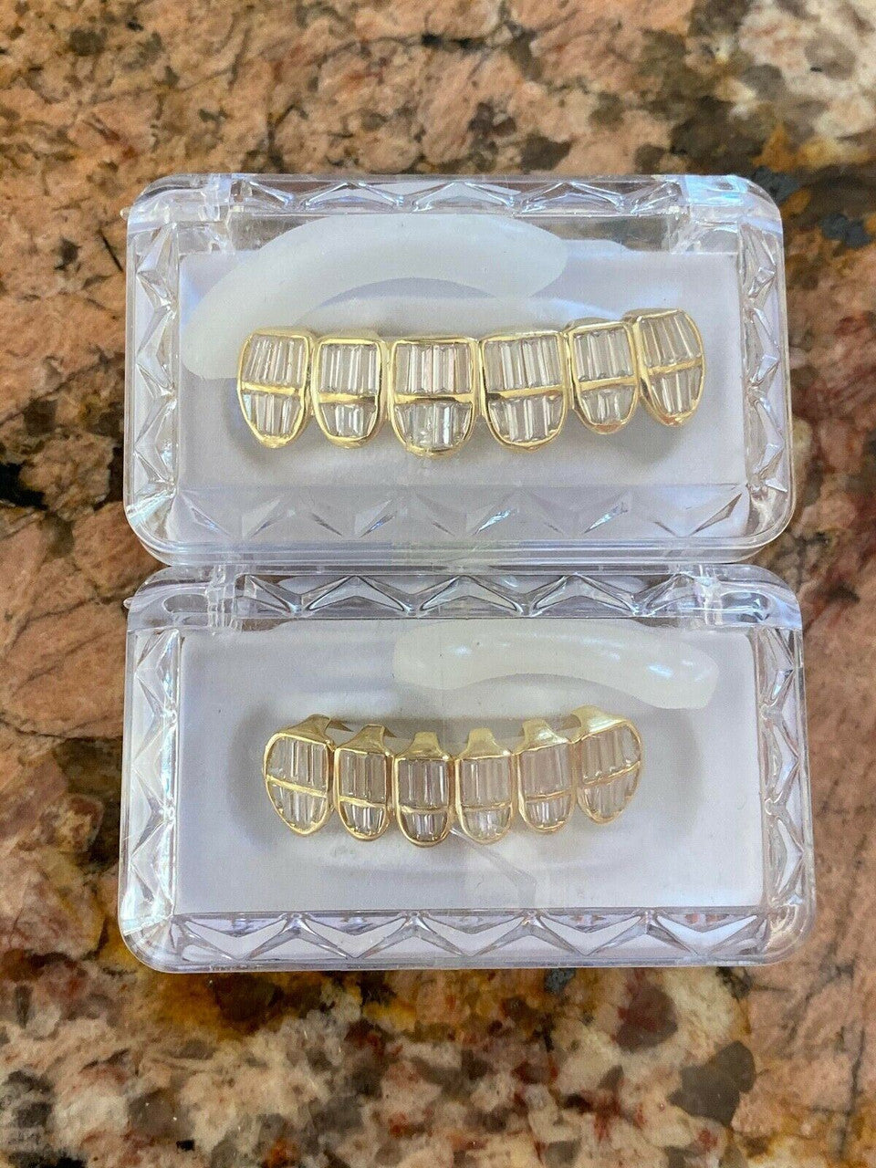 HarlemBling Real 925 Silver 14k Gold Finish ICED Baguette Diamond GRILLZ Teeth Fronts Grills