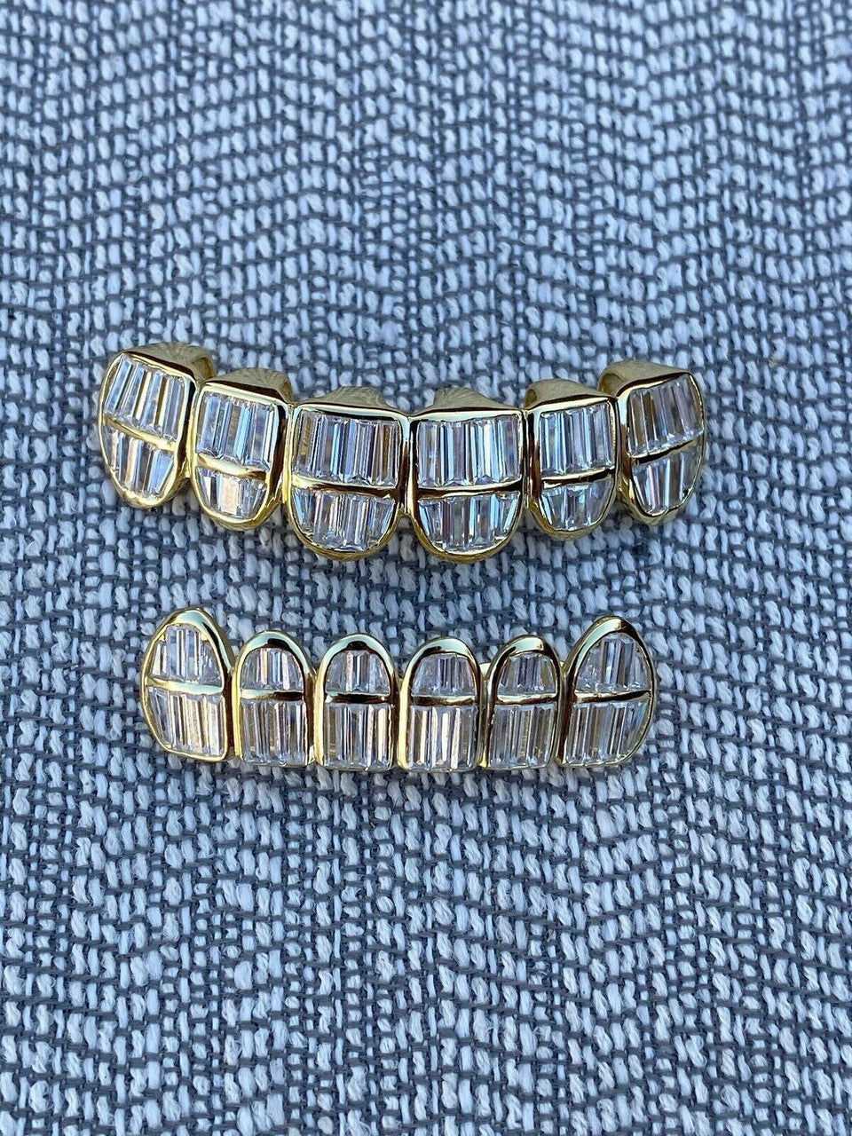 HarlemBling Real 925 Silver 14k Gold Finish ICED Baguette Diamond GRILLZ Teeth Fronts Grills