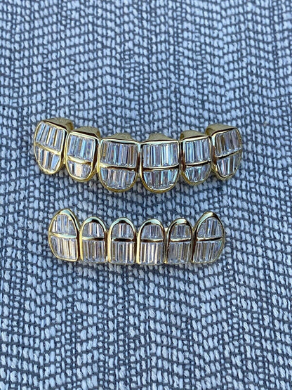HarlemBling Real 925 Silver 14k Gold Finish ICED Baguette Diamond GRILLZ Teeth Fronts Grills