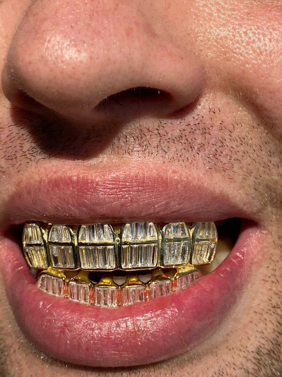 HarlemBling Real 925 Silver 14k Gold Finish ICED Baguette Diamond GRILLZ Teeth Fronts Grills