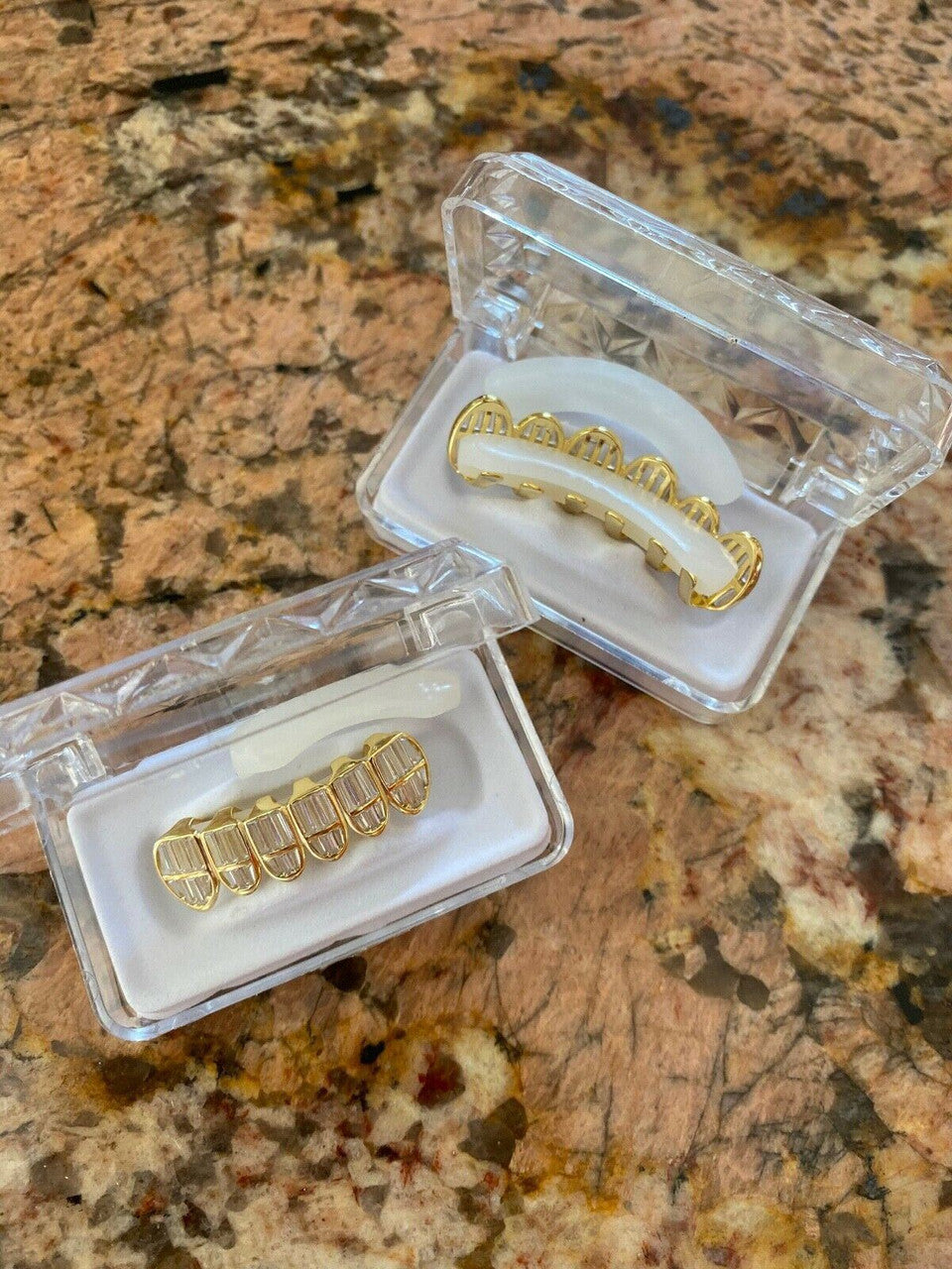 HarlemBling Real 925 Silver 14k Gold Finish ICED Baguette Diamond GRILLZ Teeth Fronts Grills