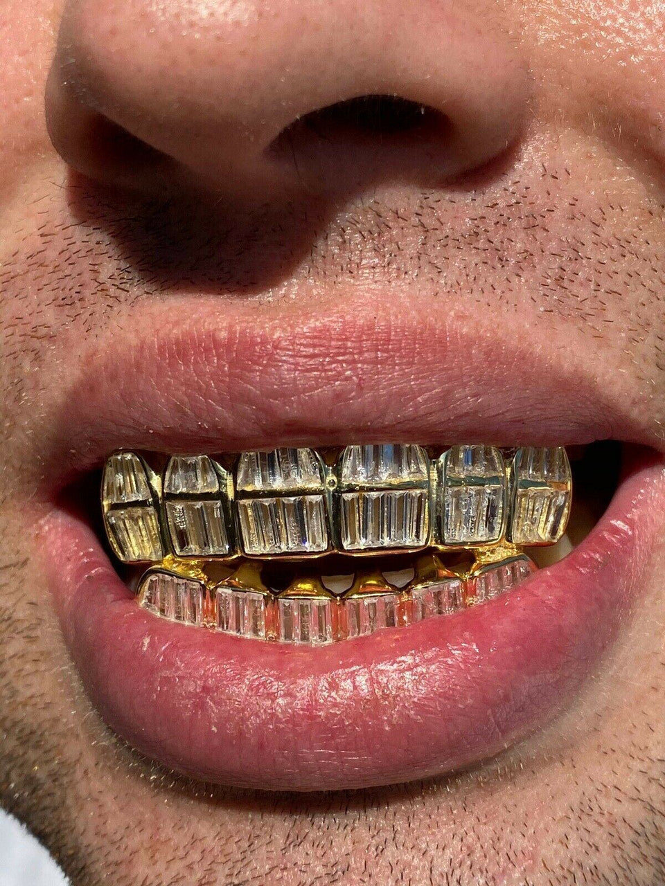 HarlemBling Real 925 Silver 14k Gold Finish ICED Baguette Diamond GRILLZ Teeth Fronts Grills