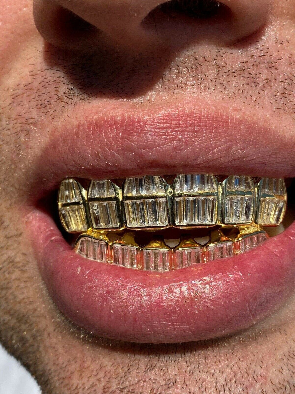HarlemBling Real 925 Silver 14k Gold Finish ICED Baguette Diamond GRILLZ Teeth Fronts Grills
