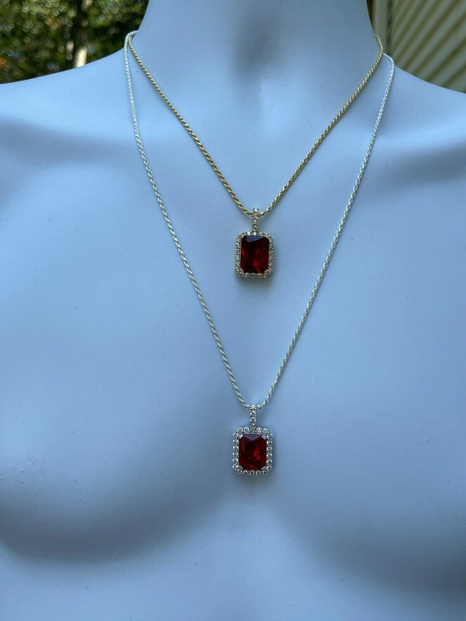 HarlemBling Real 925 Silver / 14k Gold Mens Ruby Necklace Iced Out