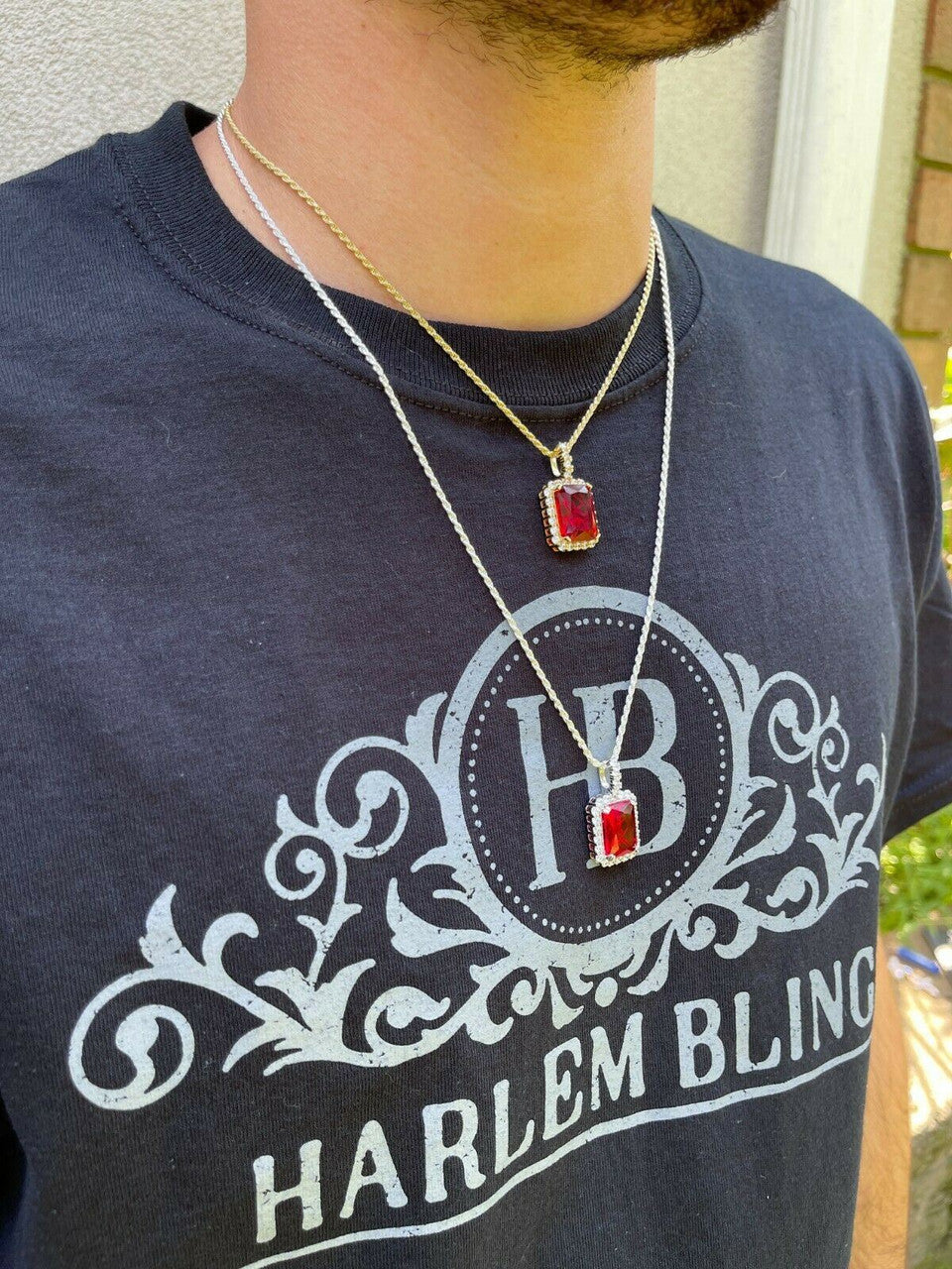 HarlemBling Real 925 Silver / 14k Gold Mens Ruby Necklace Iced Out