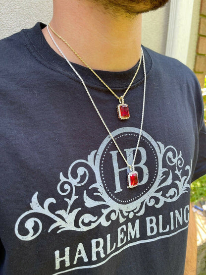 HarlemBling Real 925 Silver / 14k Gold Mens Ruby Necklace Iced Out