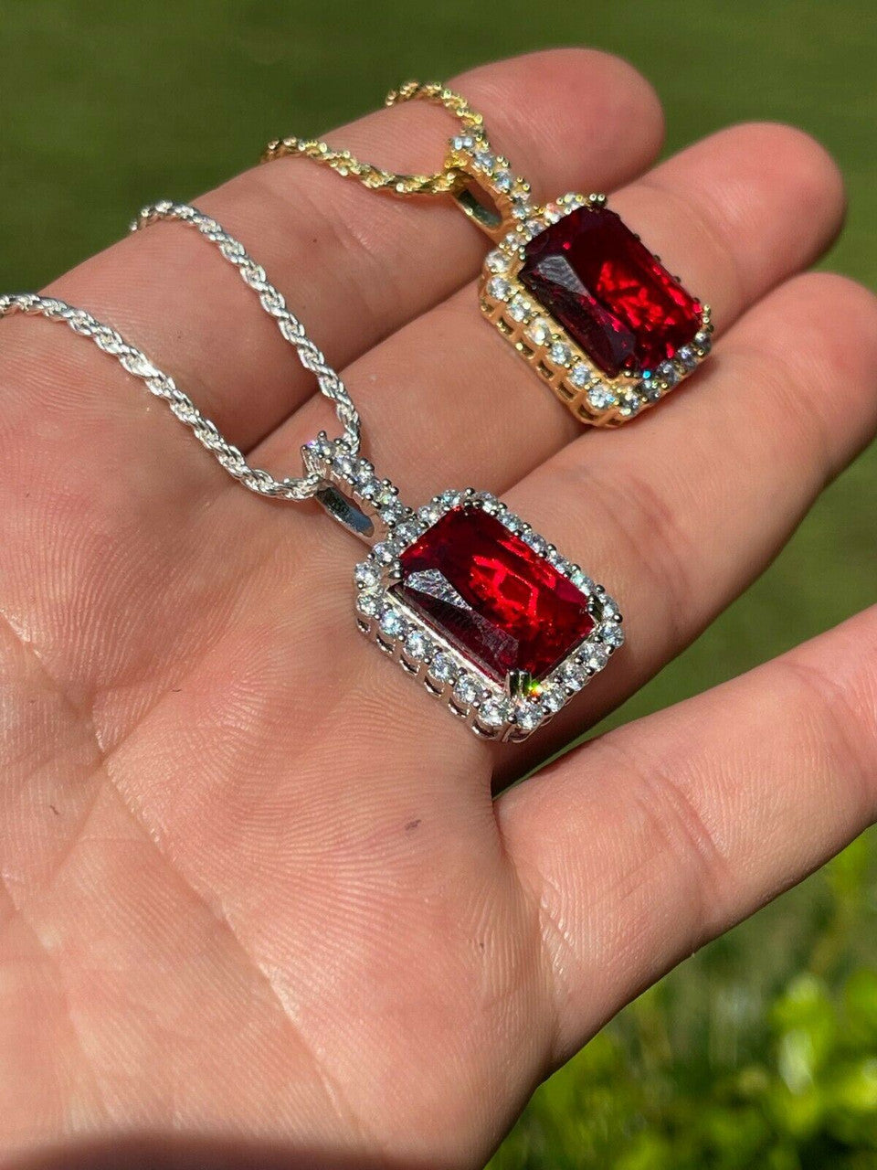 HarlemBling Real 925 Silver / 14k Gold Mens Ruby Necklace Iced Out