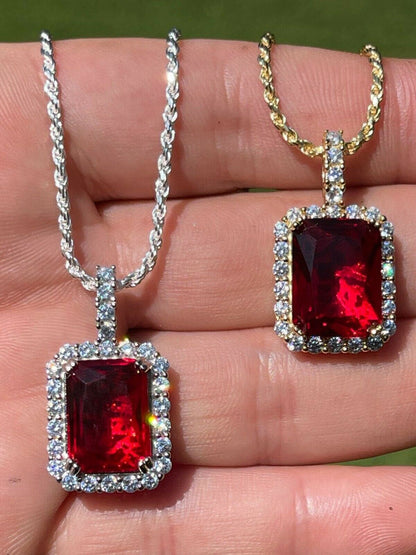 HarlemBling Real 925 Silver / 14k Gold Mens Ruby Necklace Iced Out