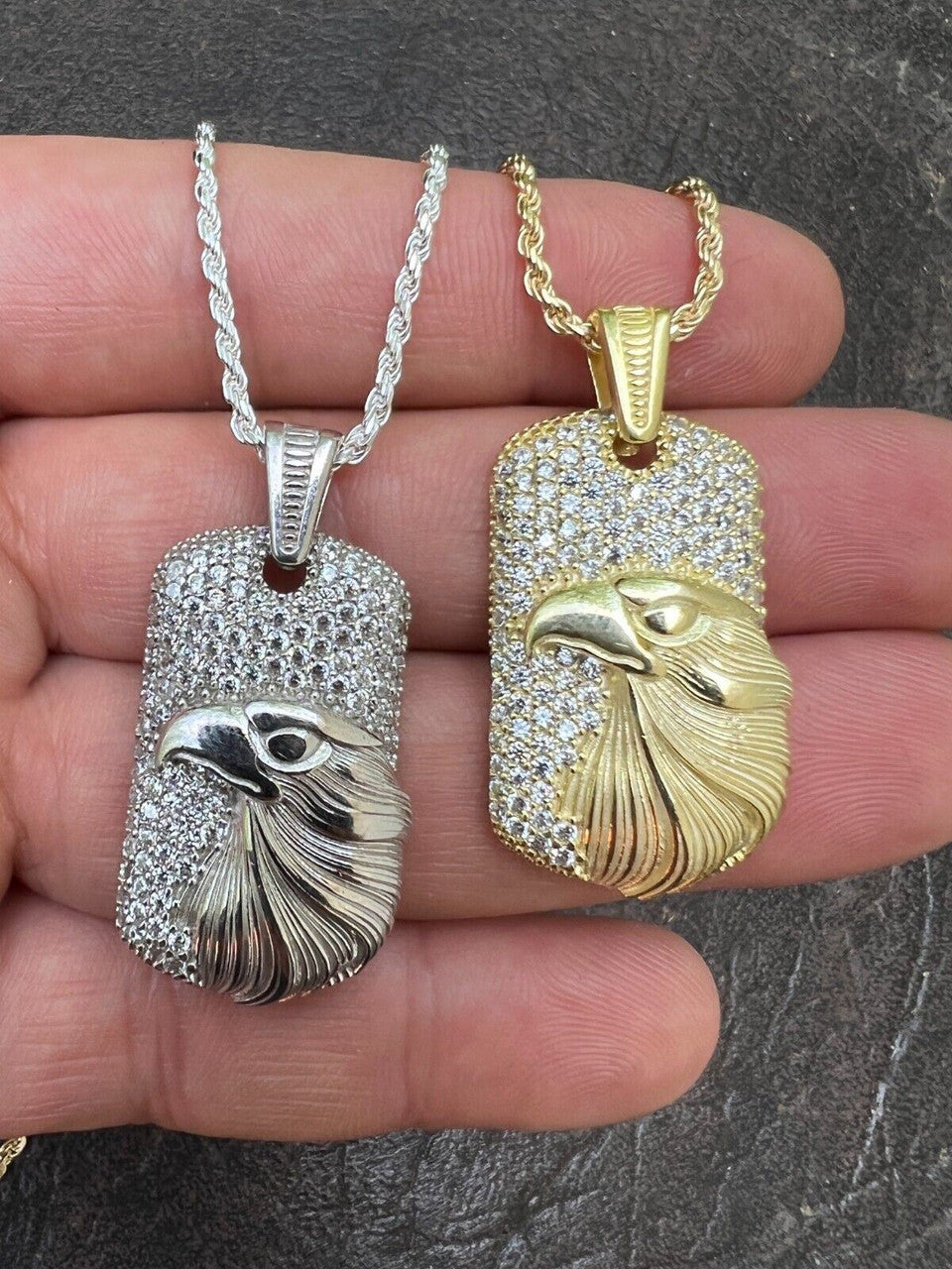 HarlemBling Real 925 Silver / 14k Gold Plated American Bald Eagle Bird Pendant Necklace Iced