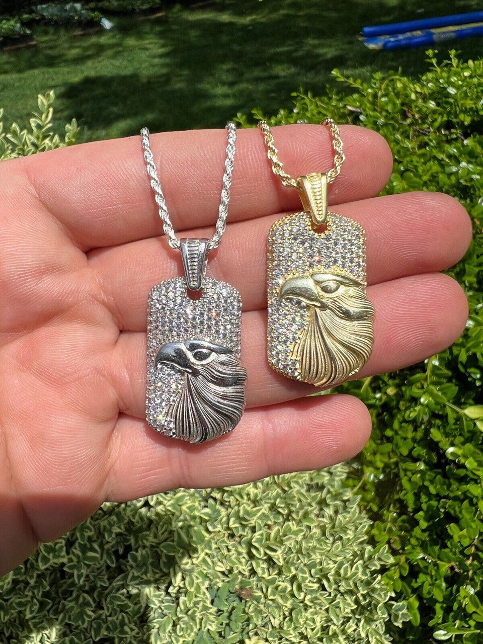 HarlemBling Real 925 Silver / 14k Gold Plated American Bald Eagle Bird Pendant Necklace Iced