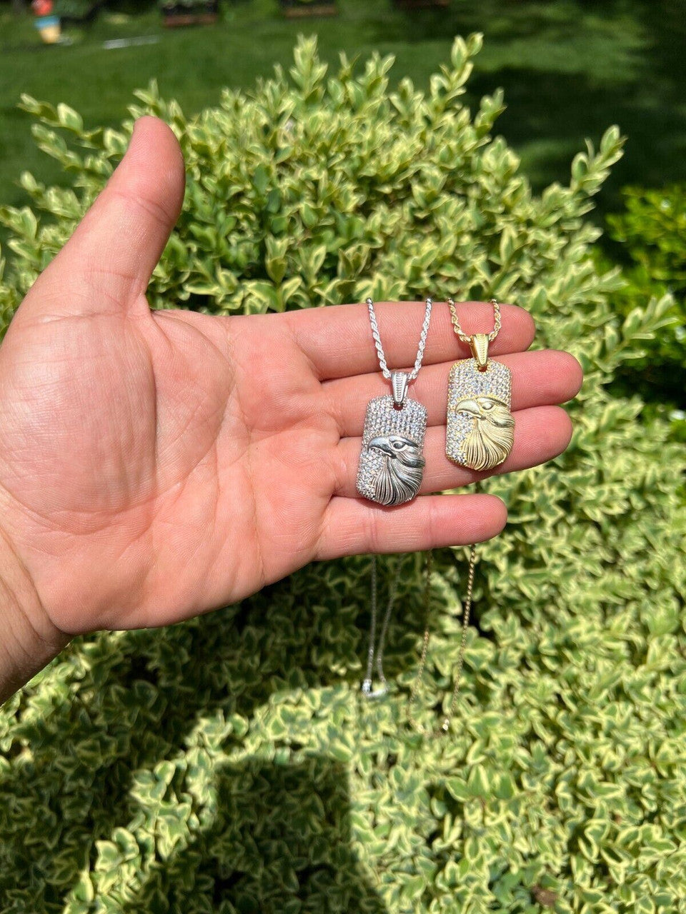 HarlemBling Real 925 Silver / 14k Gold Plated American Bald Eagle Bird Pendant Necklace Iced