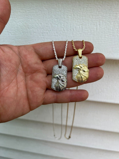 HarlemBling Real 925 Silver / 14k Gold Plated American Bald Eagle Bird Pendant Necklace Iced