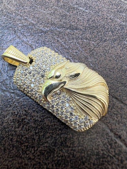 HarlemBling Real 925 Silver / 14k Gold Plated American Bald Eagle Bird Pendant Necklace Iced