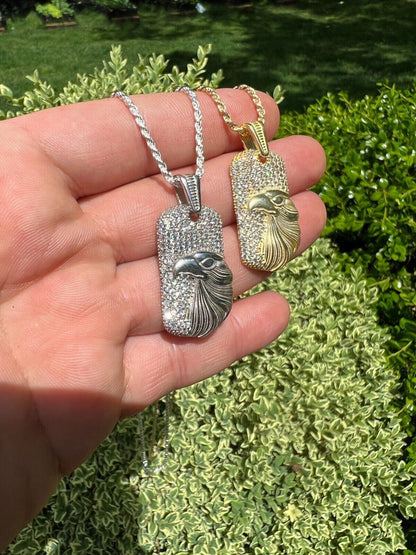 HarlemBling Real 925 Silver / 14k Gold Plated American Bald Eagle Bird Pendant Necklace Iced