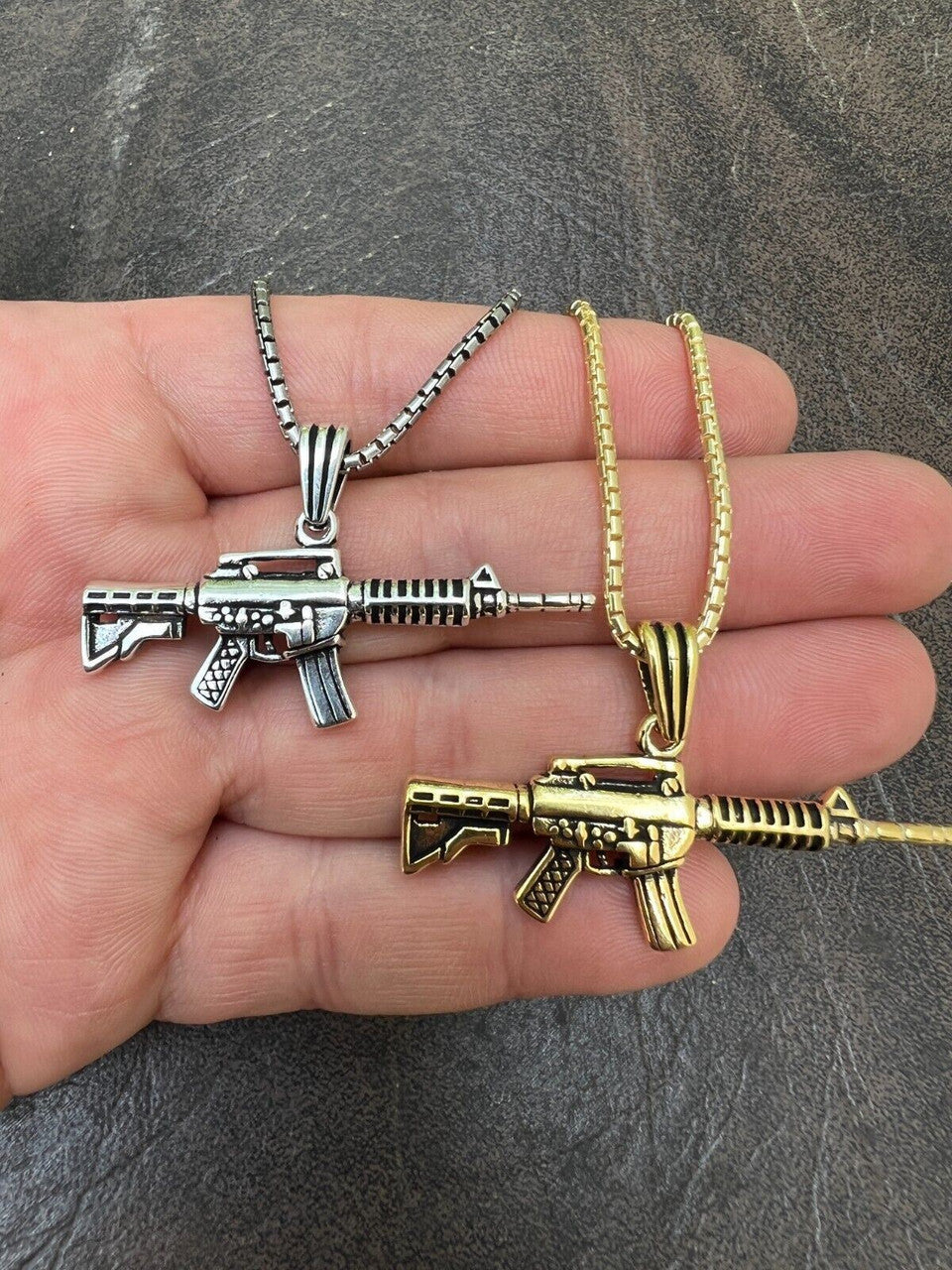 HarlemBling Real 925 Silver / 14k Gold Plated AR Gun Rifle Pendant Necklace Military Charm