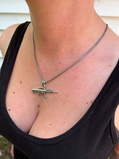 HarlemBling Real 925 Silver / 14k Gold Plated AR Gun Rifle Pendant Necklace Military Charm