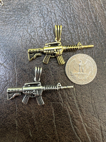 HarlemBling Real 925 Silver / 14k Gold Plated AR Gun Rifle Pendant Necklace Military Charm