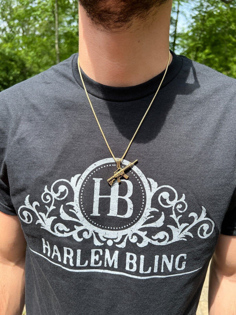 HarlemBling Real 925 Silver / 14k Gold Plated AR Gun Rifle Pendant Necklace Military Charm