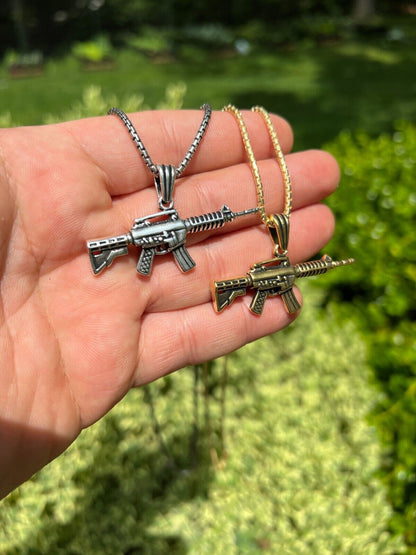HarlemBling Real 925 Silver / 14k Gold Plated AR Gun Rifle Pendant Necklace Military Charm