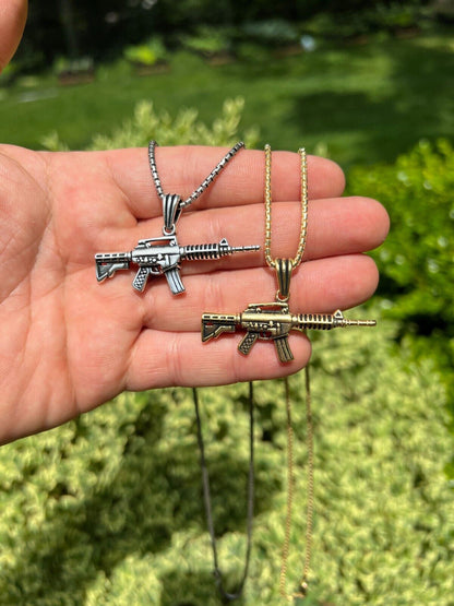 HarlemBling Real 925 Silver / 14k Gold Plated AR Gun Rifle Pendant Necklace Military Charm