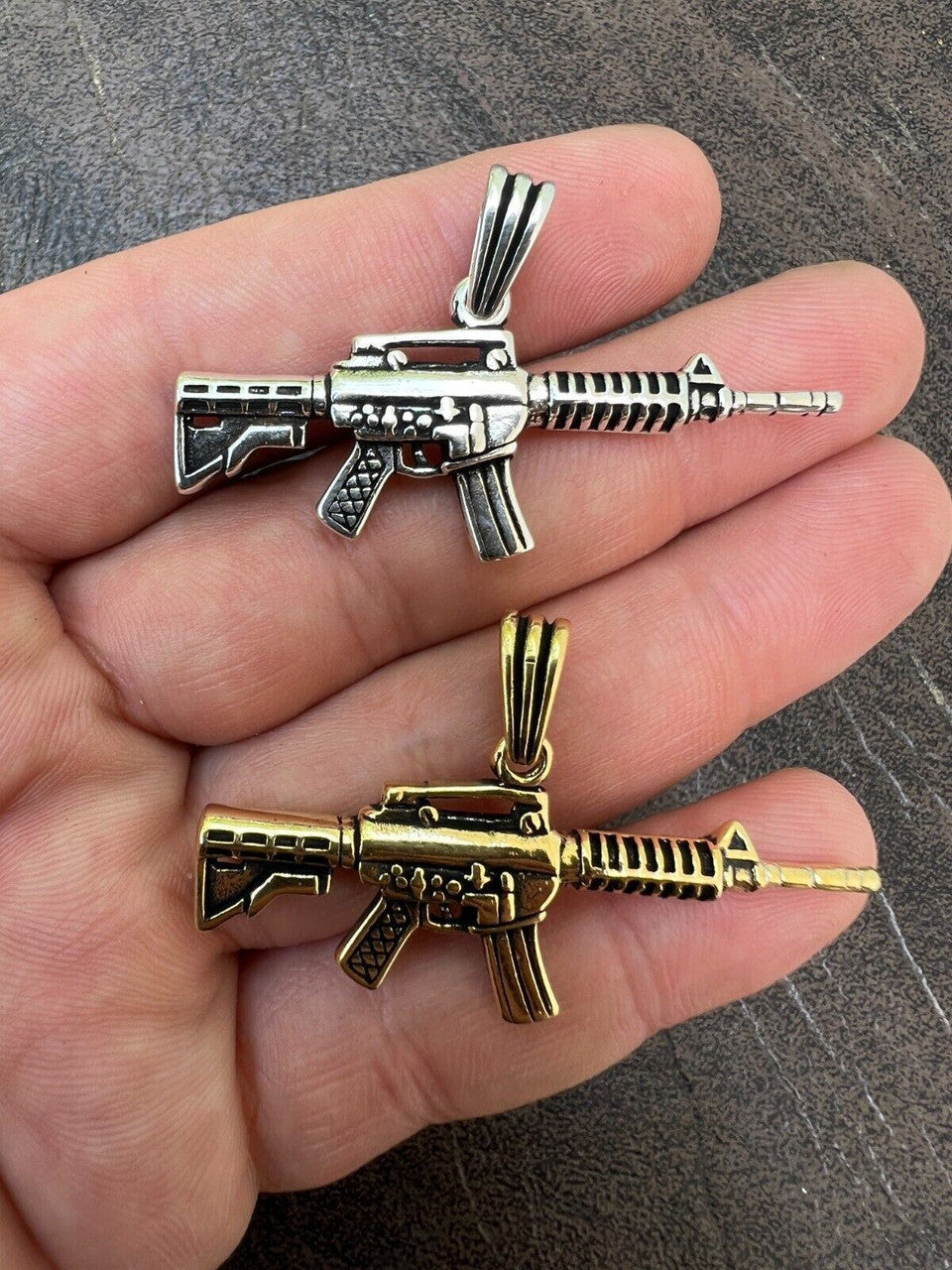 HarlemBling Real 925 Silver / 14k Gold Plated AR Gun Rifle Pendant Necklace Military Charm