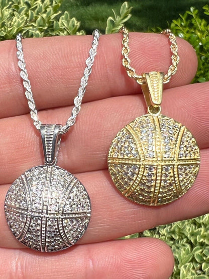 HarlemBling Real 925 Silver / 14k Gold Plated Basketball Pendant Necklace Mens Ladies Iced