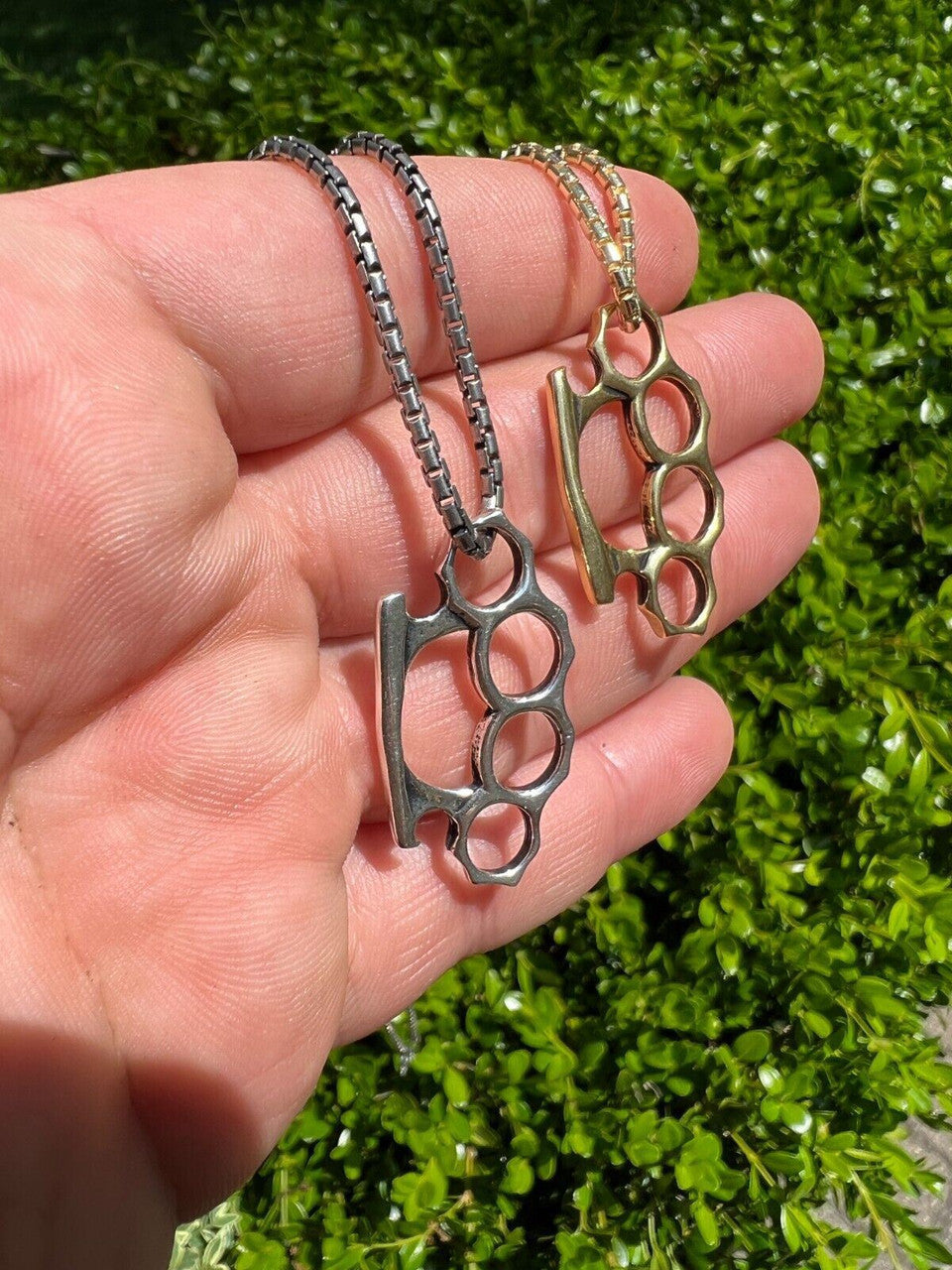 HarlemBling Real 925 Silver / 14k Gold Plated Brass Knuckle Oxidized Pendant Necklace Charm