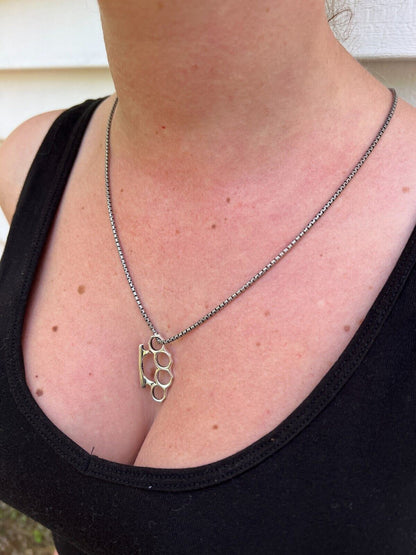 HarlemBling Real 925 Silver / 14k Gold Plated Brass Knuckle Oxidized Pendant Necklace Charm