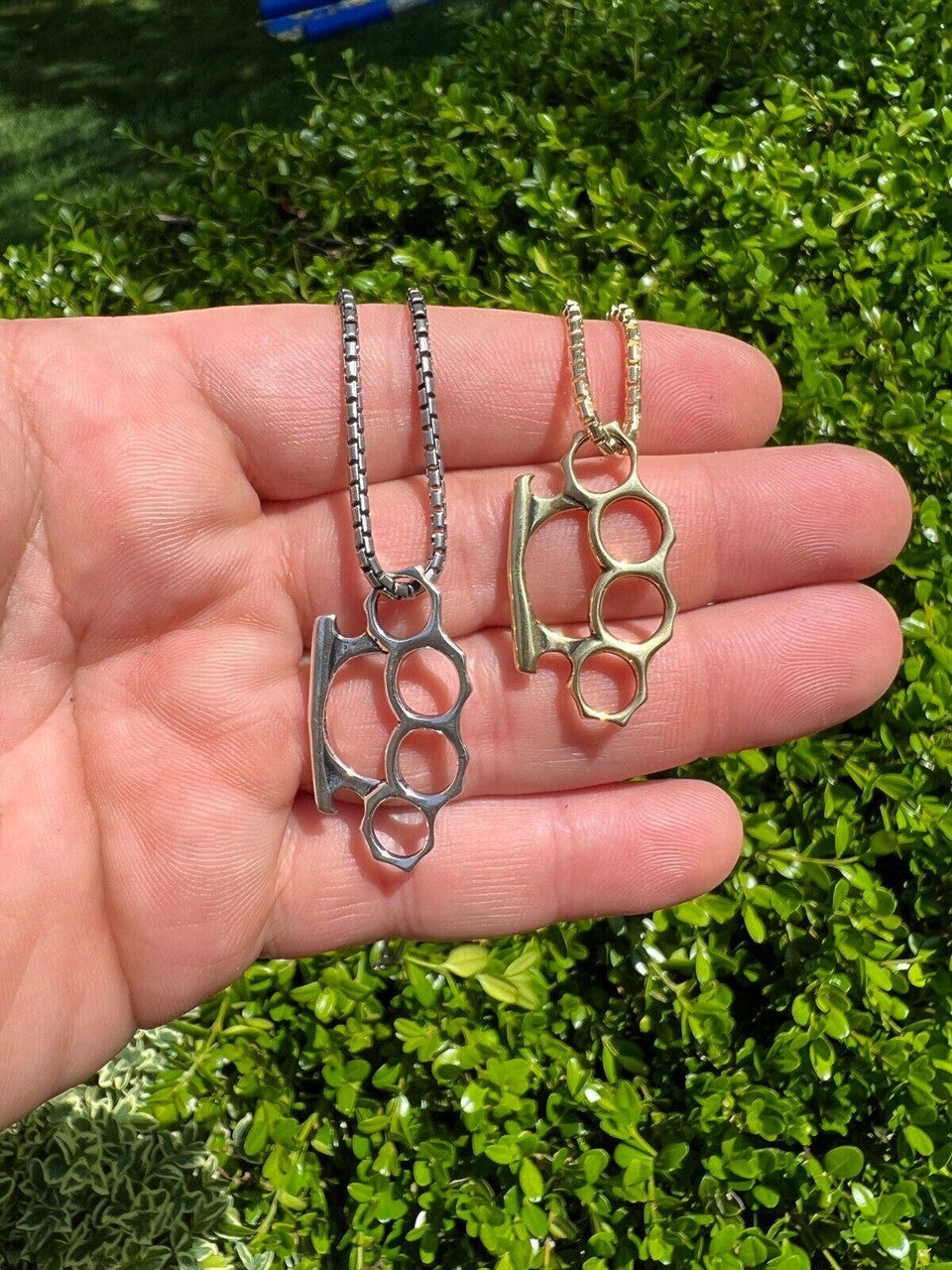 HarlemBling Real 925 Silver / 14k Gold Plated Brass Knuckle Oxidized Pendant Necklace Charm