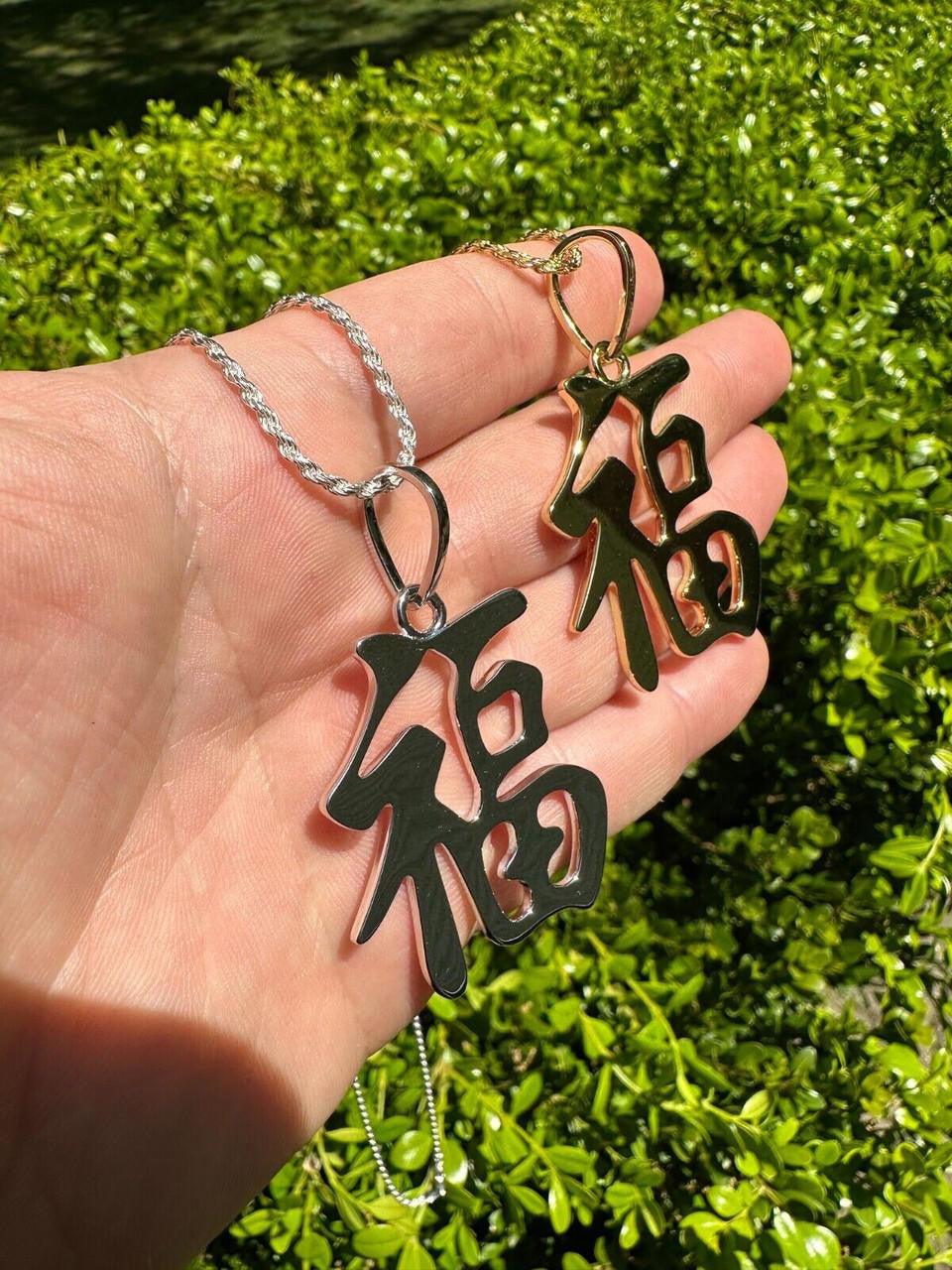 HarlemBling Real 925 Silver / 14k Gold Plated Chinese FU Symbol Good Luck Fortune 2" Pendant