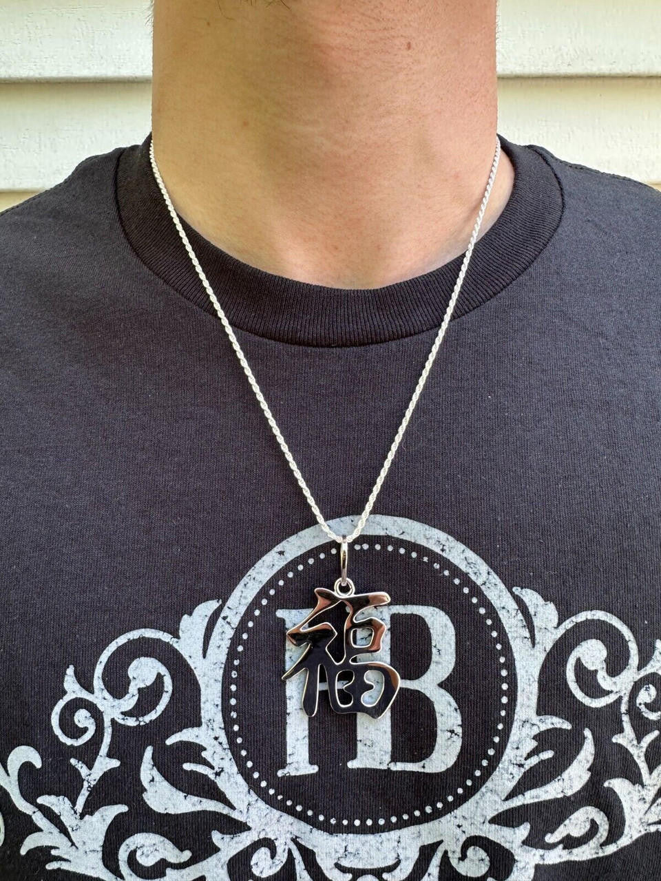 HarlemBling Real 925 Silver / 14k Gold Plated Chinese FU Symbol Good Luck Fortune 2" Pendant