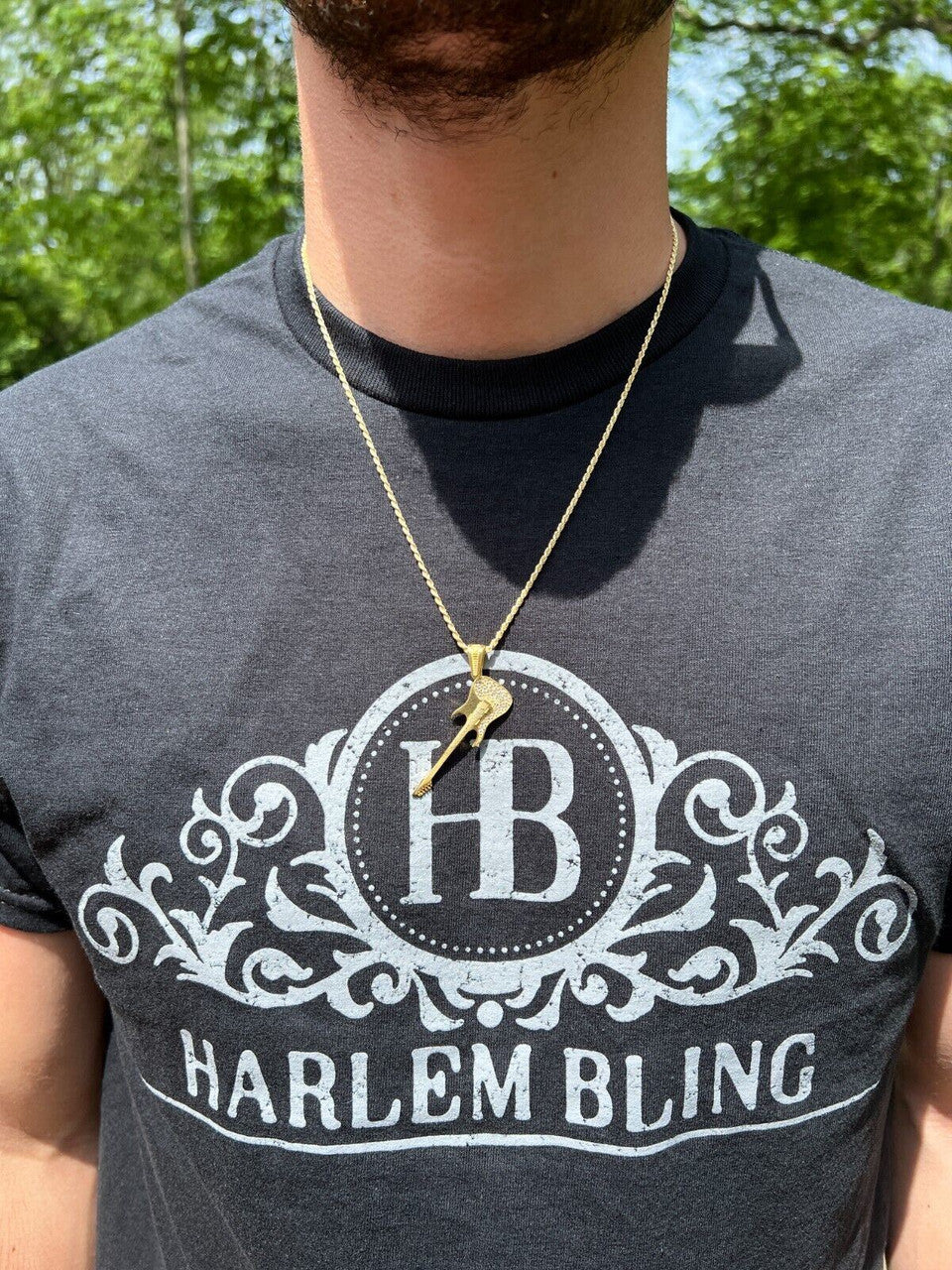 HarlemBling Real 925 Silver / 14k Gold Plated Electric Guitar Rockstar Pendant Necklace Iced