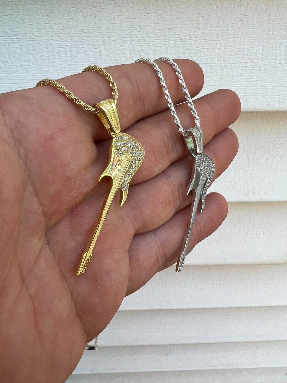 HarlemBling Real 925 Silver / 14k Gold Plated Electric Guitar Rockstar Pendant Necklace Iced