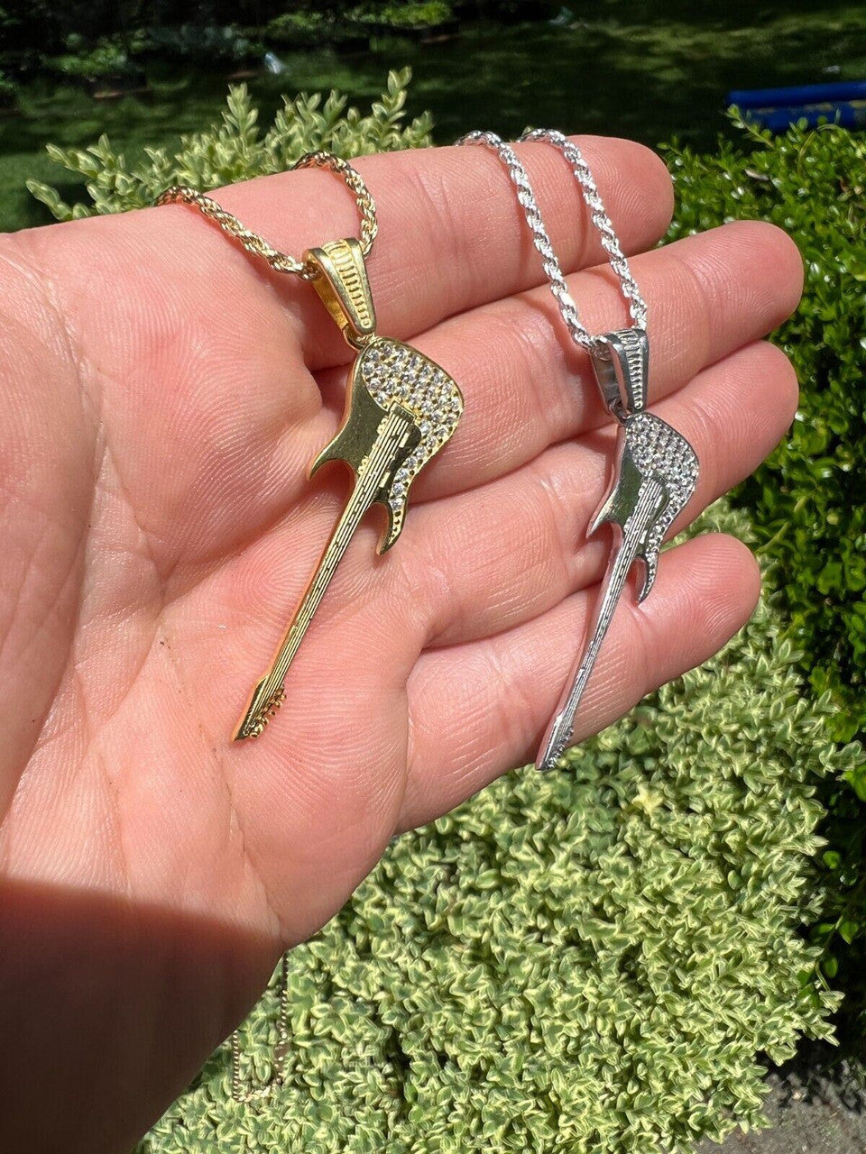 HarlemBling Real 925 Silver / 14k Gold Plated Electric Guitar Rockstar Pendant Necklace Iced