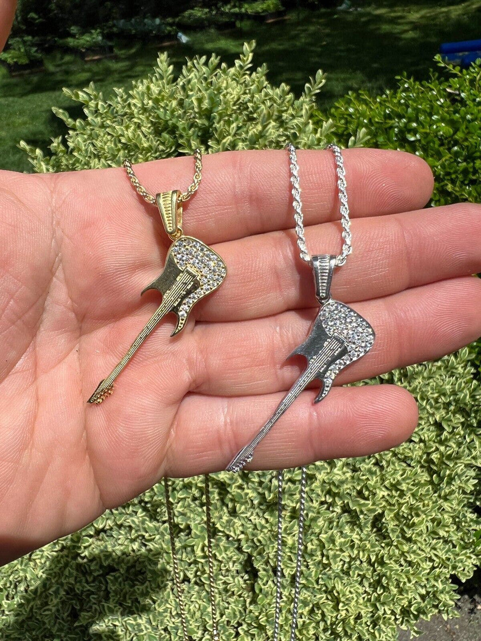 HarlemBling Real 925 Silver / 14k Gold Plated Electric Guitar Rockstar Pendant Necklace Iced