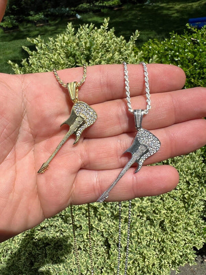 HarlemBling Real 925 Silver / 14k Gold Plated Electric Guitar Rockstar Pendant Necklace Iced