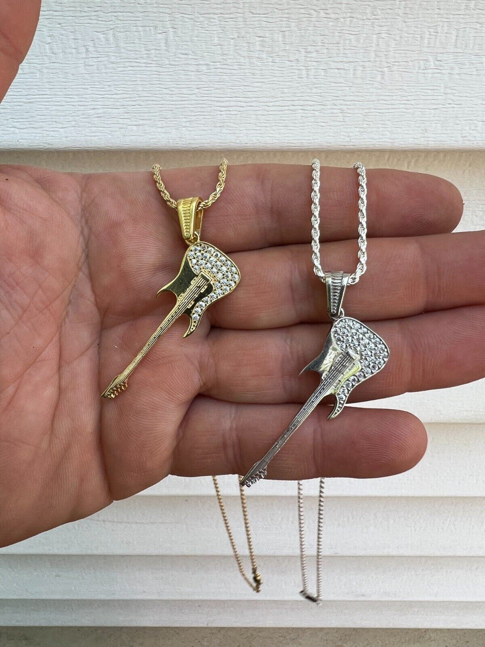 HarlemBling Real 925 Silver / 14k Gold Plated Electric Guitar Rockstar Pendant Necklace Iced