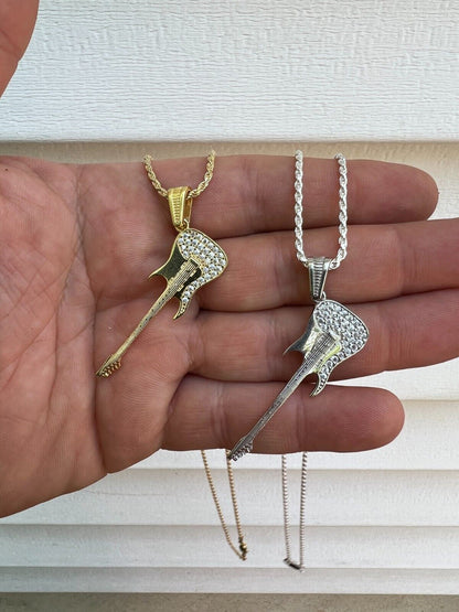 HarlemBling Real 925 Silver / 14k Gold Plated Electric Guitar Rockstar Pendant Necklace Iced