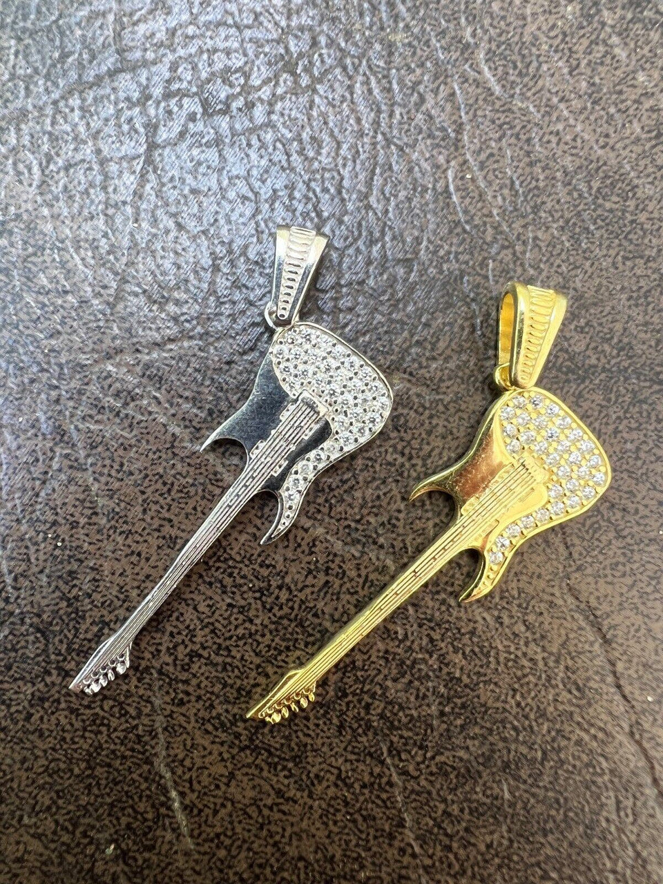 HarlemBling Real 925 Silver / 14k Gold Plated Electric Guitar Rockstar Pendant Necklace Iced