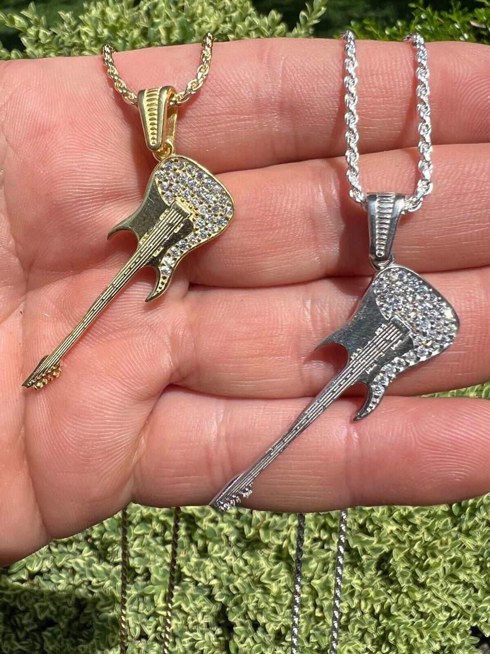 HarlemBling Real 925 Silver / 14k Gold Plated Electric Guitar Rockstar Pendant Necklace Iced