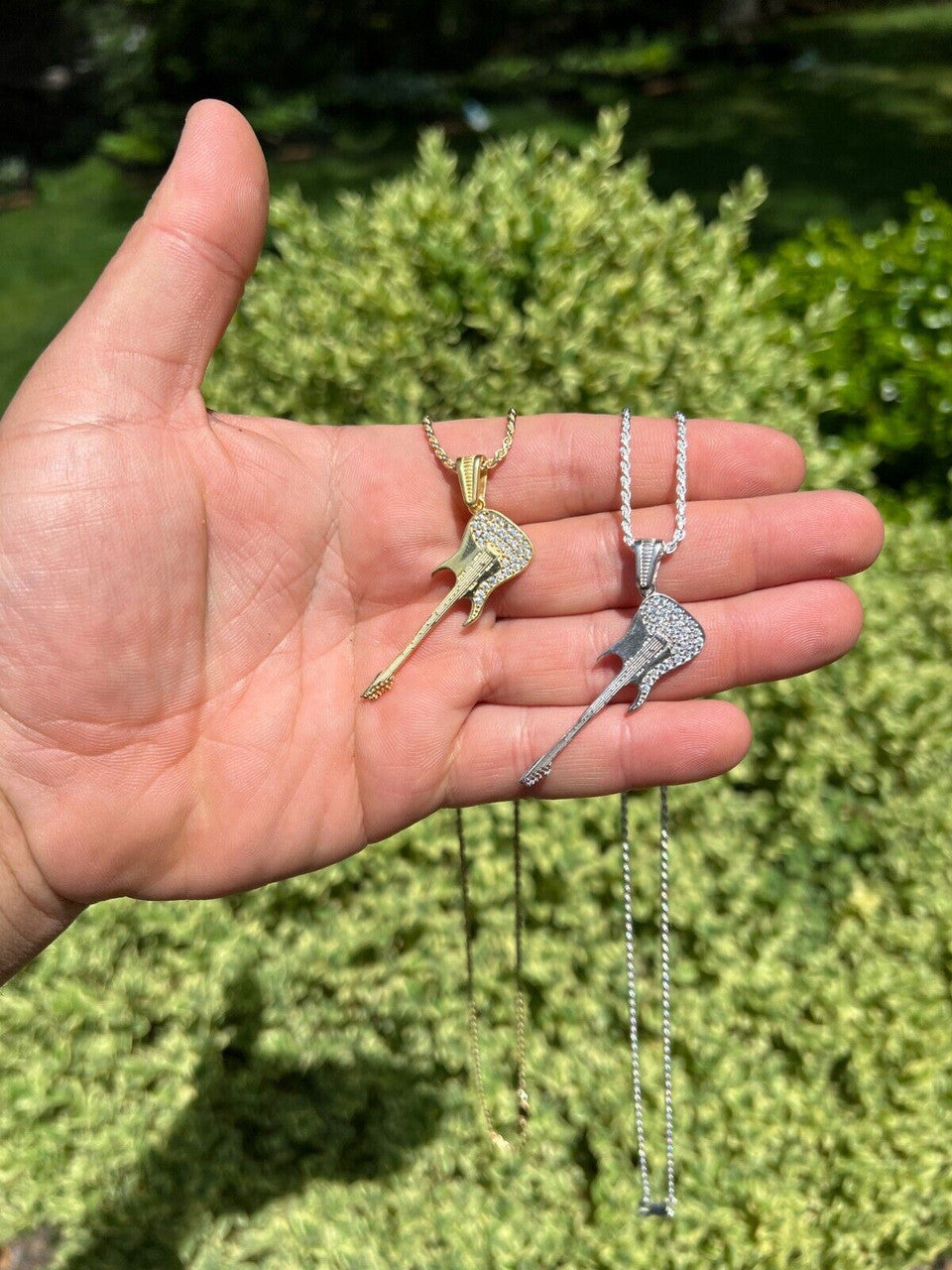 HarlemBling Real 925 Silver / 14k Gold Plated Electric Guitar Rockstar Pendant Necklace Iced