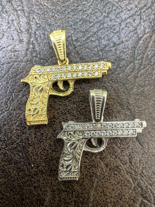 HarlemBling Real 925 Silver / 14k Gold Plated Gun Desert Eagle Pistol Pendant Necklace Iced