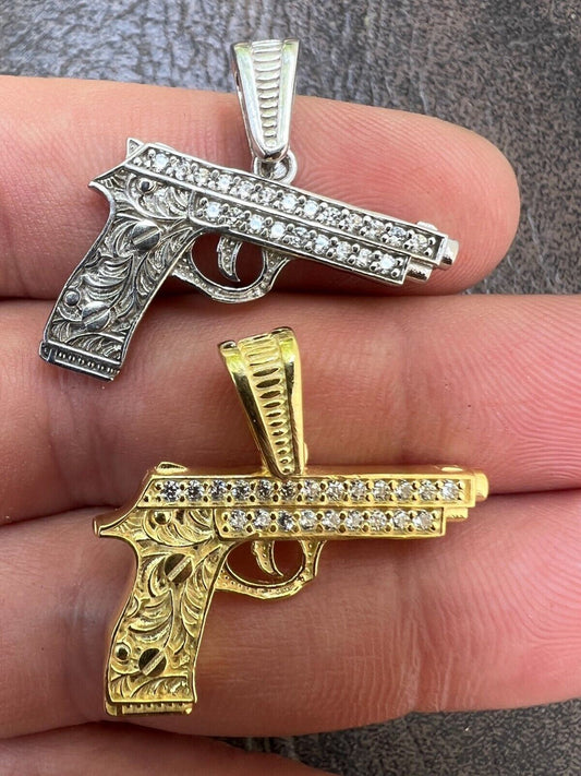 HarlemBling Real 925 Silver / 14k Gold Plated Gun Desert Eagle Pistol Pendant Necklace Iced