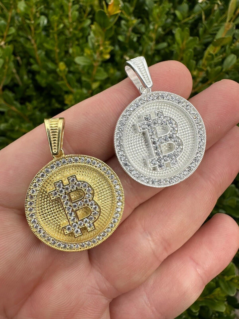 HarlemBling Real 925 Silver 14K Gold Plated Iced Letter B BITCOIN CZ Pendant Necklace HipHop