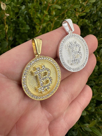 HarlemBling Real 925 Silver 14K Gold Plated Iced Letter B BITCOIN CZ Pendant Necklace HipHop