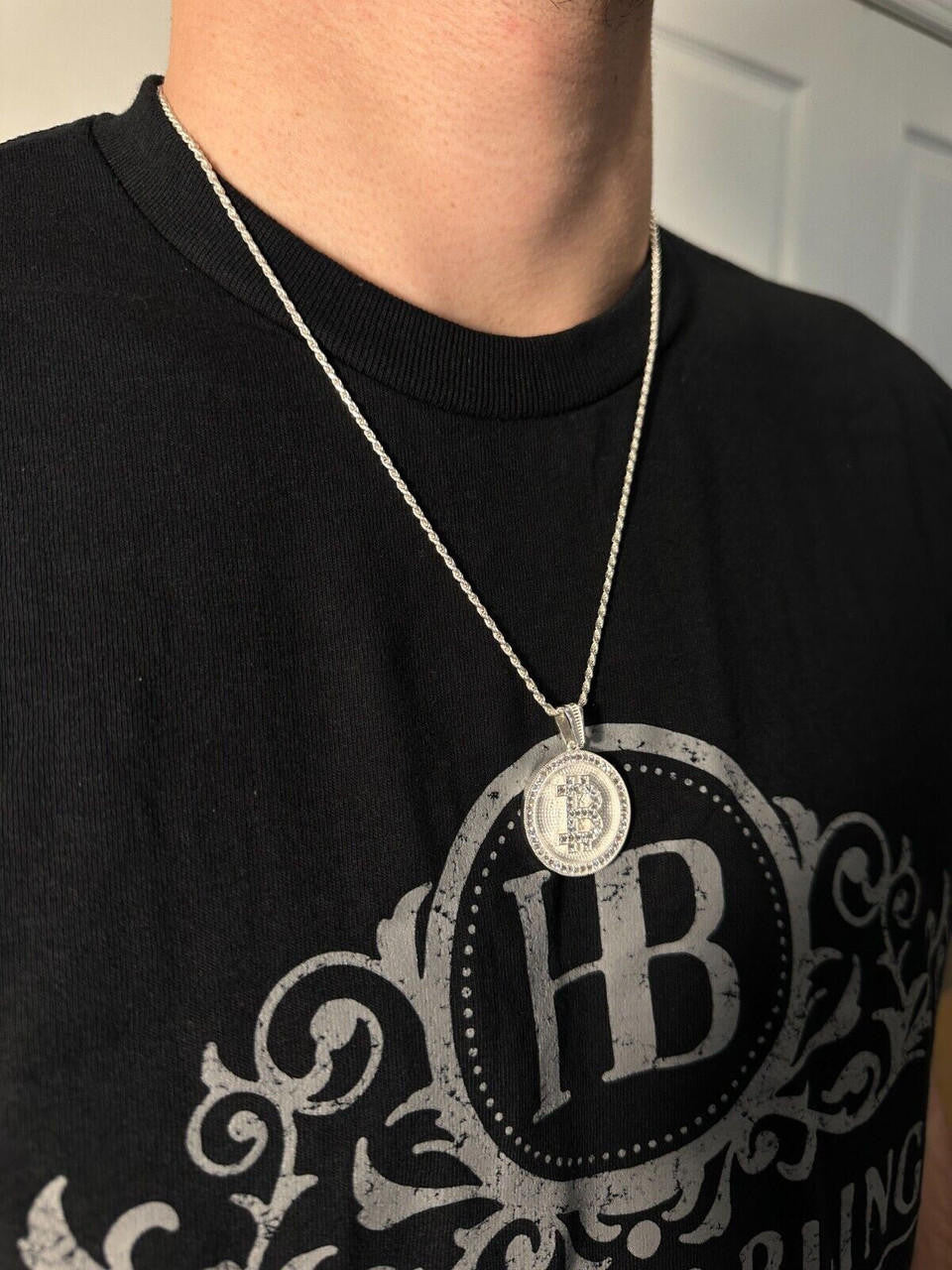 HarlemBling Real 925 Silver 14K Gold Plated Iced Letter B BITCOIN CZ Pendant Necklace HipHop